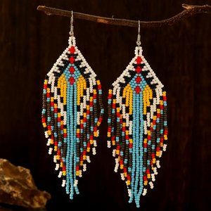 Beautiful Handmade Native Vintage Long Yellow Bead Tassel • Boho Earrings